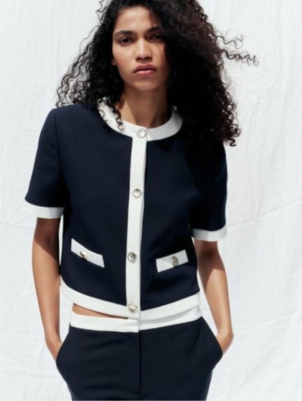 Sz S Zara women SHORT SLEEVE CROP BLAZER Navy White NWT 3597/696